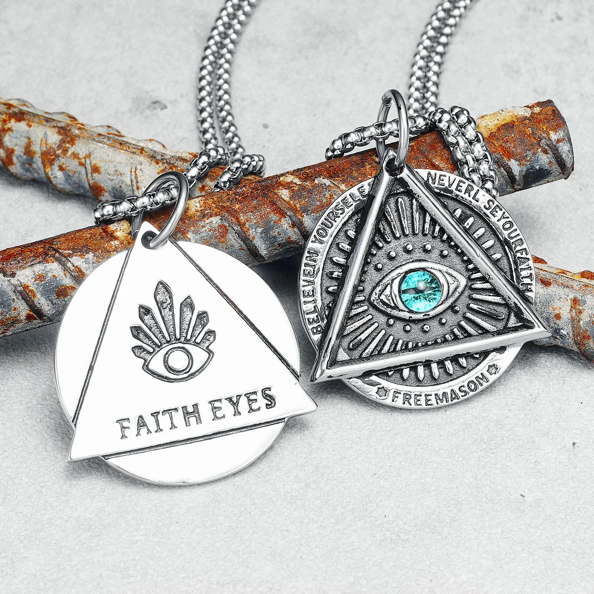 Faith Eye Collane Triangolo Uomo Ciondoli In Acciaio Inossidabile 316L Freemason Gem Chain Rock Punk Hip Hop Per Regalo Di Gioielli Maschili Rider