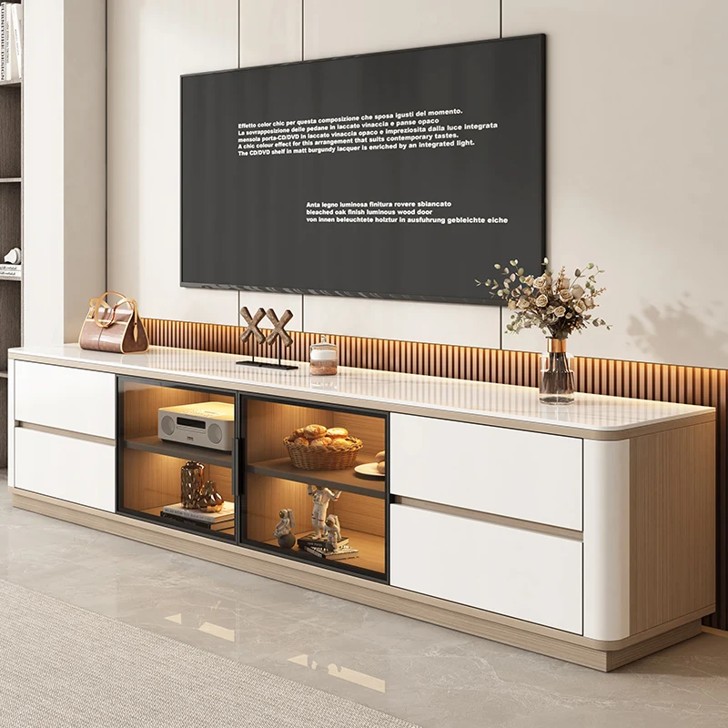 Slate TV Stand Glass Door Home Living Room Luxury Modern Minimalist Solid Wood Floor Standing 2025 New Model Coffee Table Set
