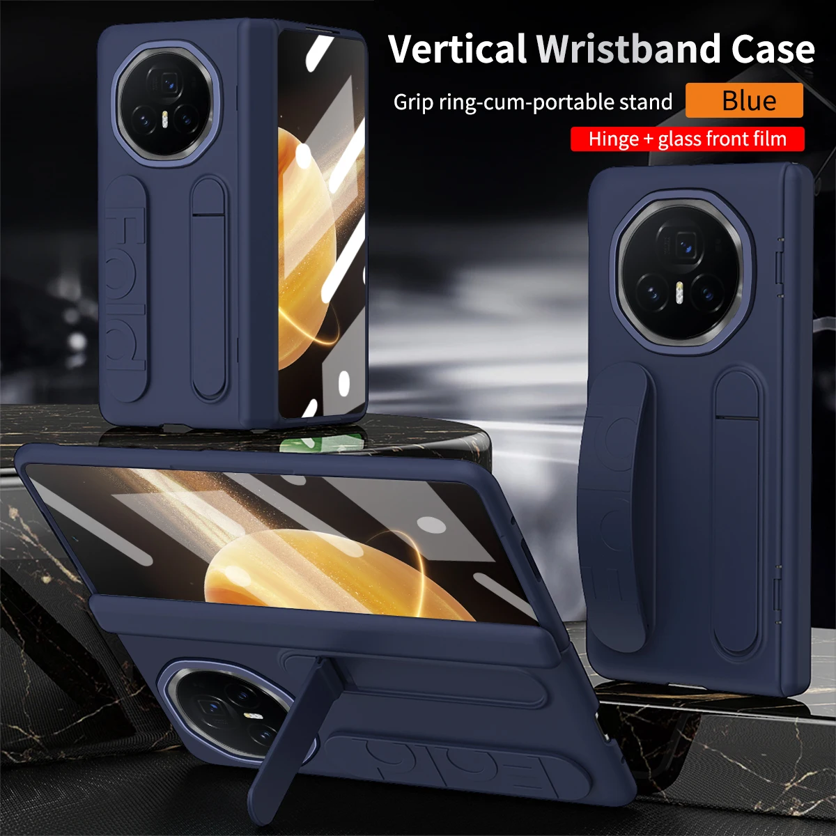For Honor Magic V3 Silicone Fabric 3-in-1 Protective Phone Case with Wristband and Stand