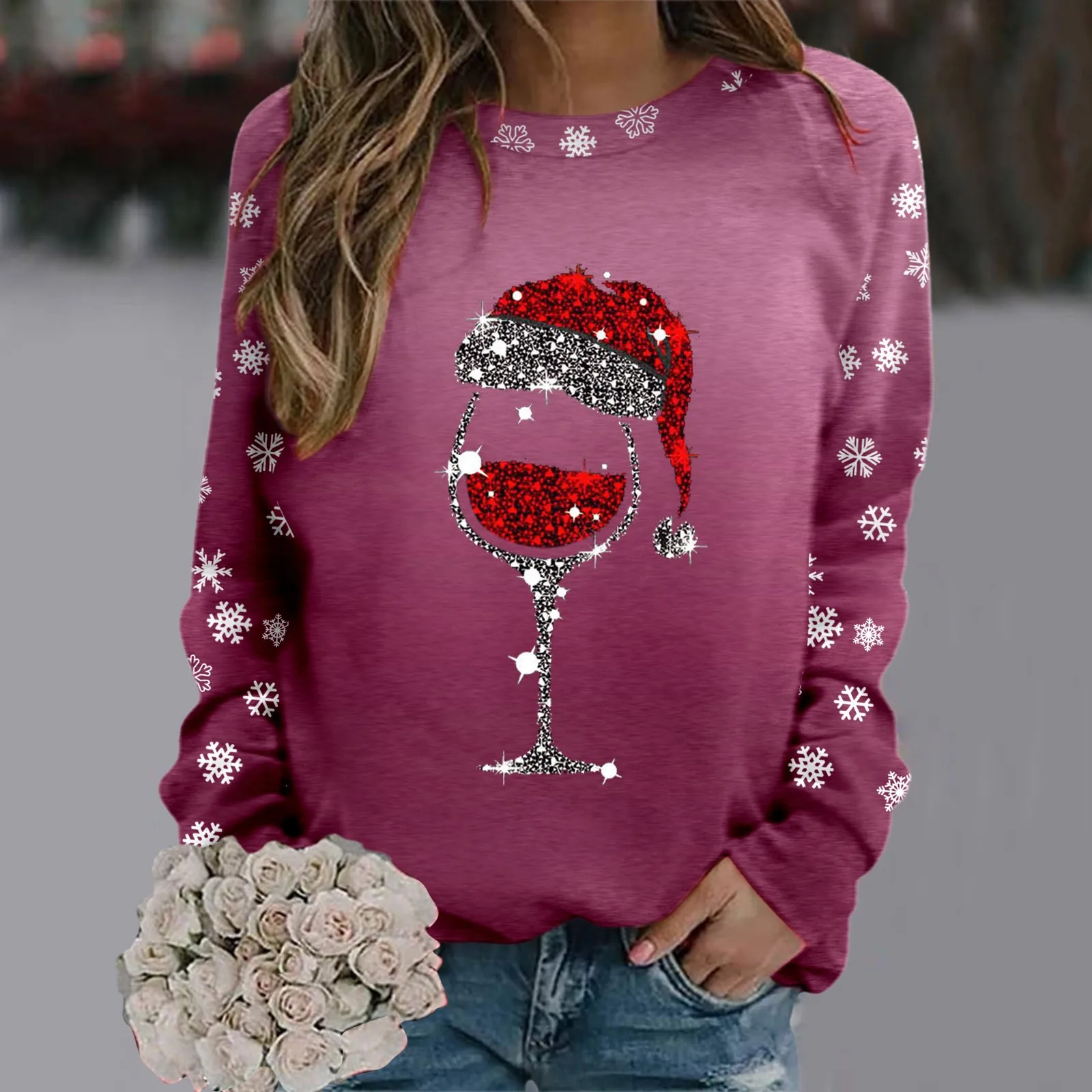

Женская одежда, веселая Рождественская Снежинка, винные очки, блестящий принт, свободные пуловеры, женская зимняя теплая толстовка