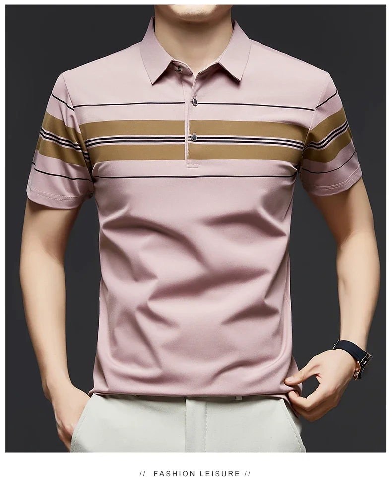 BROWON Brand 2025 Summer Men Polo Shirt Short Sleeve Lapel Collared Smart Casual Striped Office Polo Tops Tees for Men 19 Sd01a6052a9ad40cc8d2567164f8eee7cD