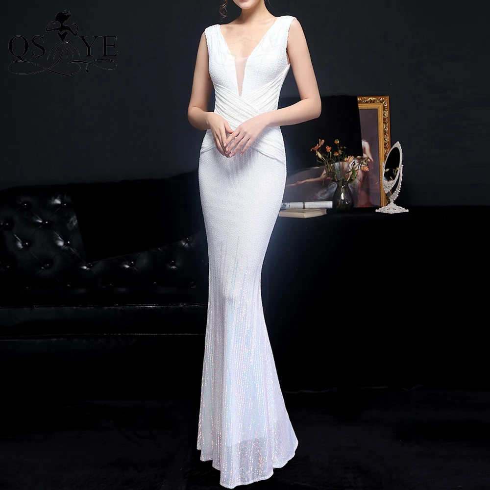 Shiny White Sequin Wedding Dresses Crisscross Glitter V neck Mermaid
