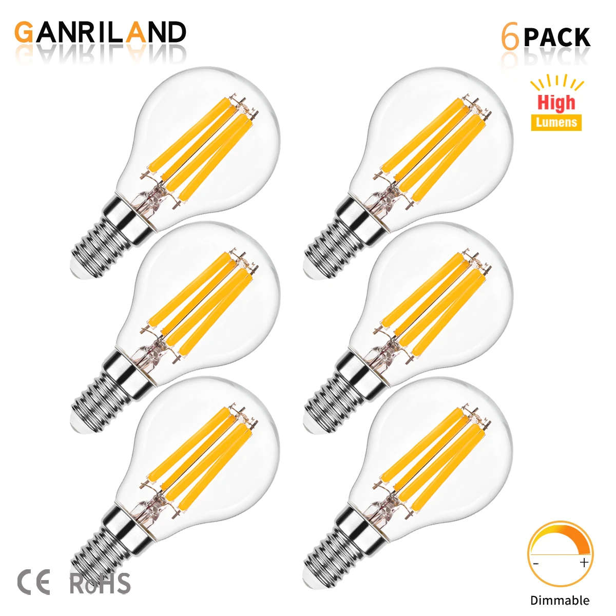 Ganriland G45 Retro E14 Golbe LED Filament Bulbs 6.5W Ultra Bright 806 Lumen Dimmable Light Ampoule For Pendant Light Decoration