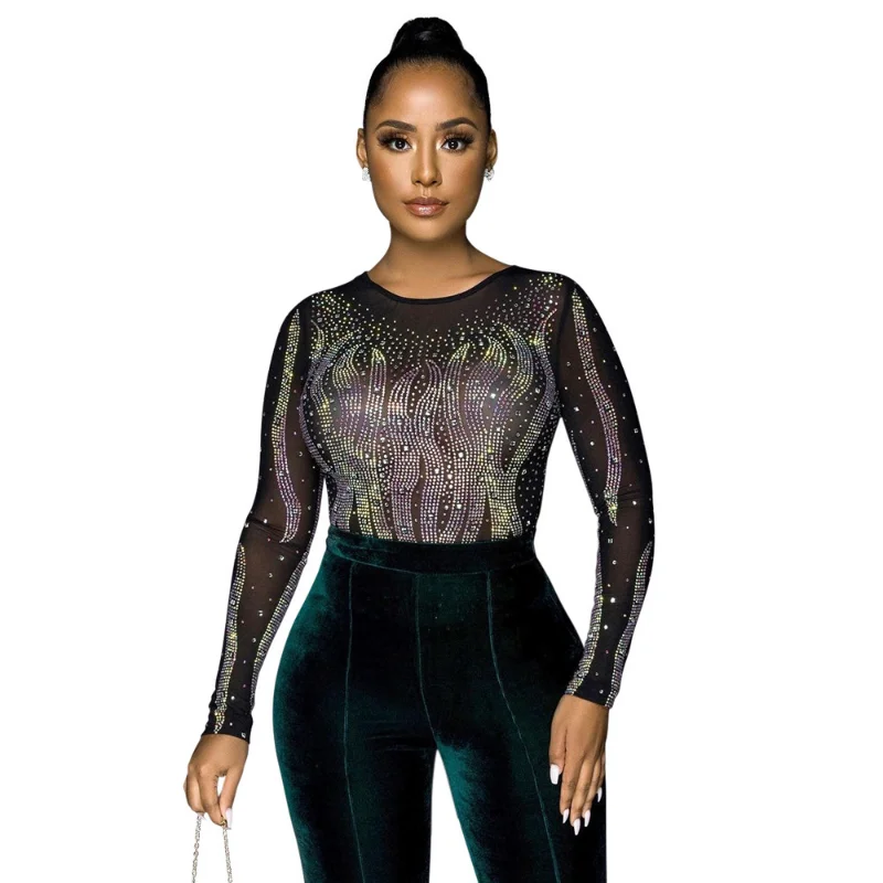 WSFEC Spring 2023 Fashion Jumpsuits Women Clothing Patchwork Velvet Perspective Sequins Wide Leg Club Party Evening Bodysuits