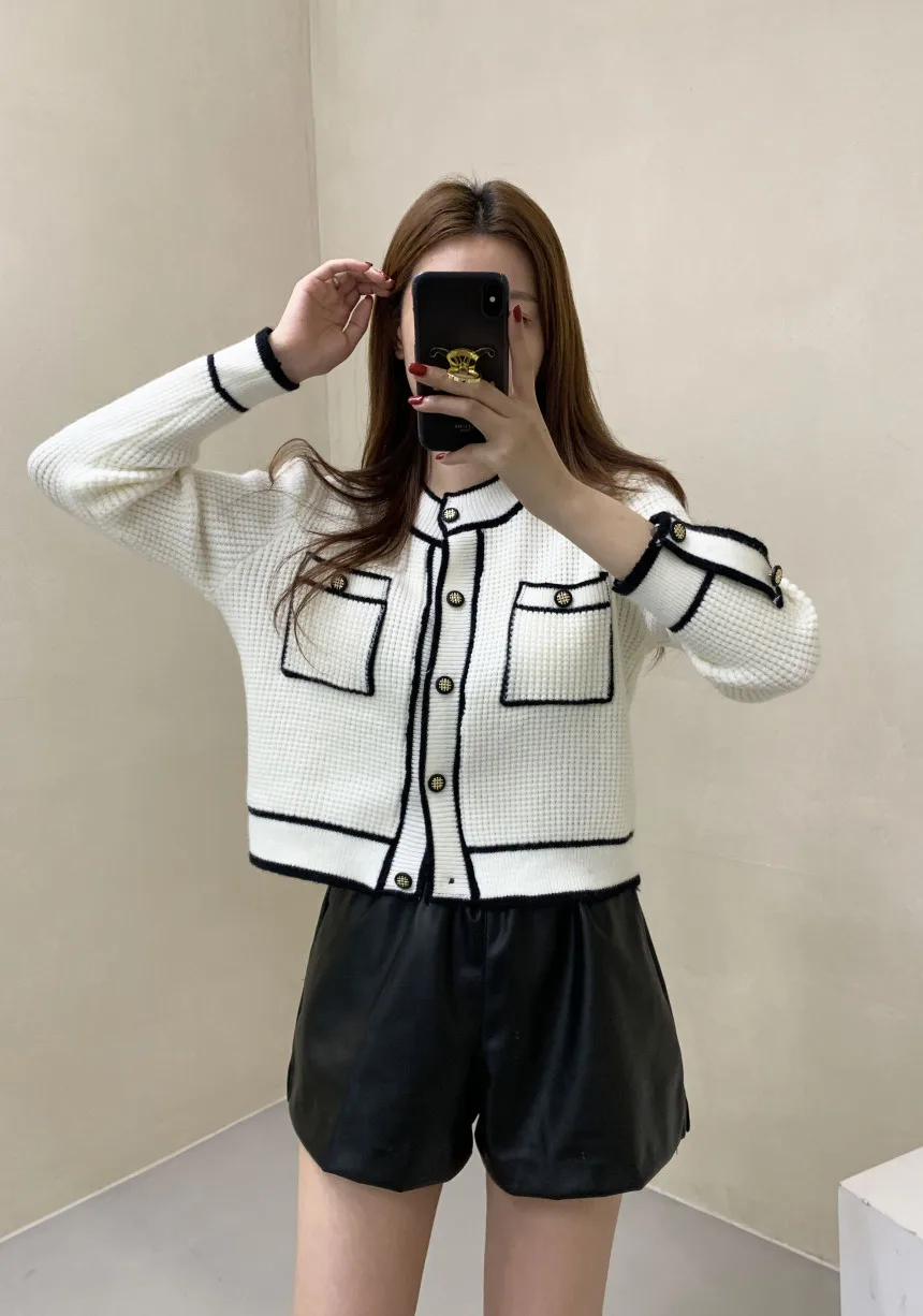 Croysier Autumn Winter 2021 Fashion Contrast Color Trim Cropped Cardigan Crew Neck Long Sleeve Knitted Sweater Women Cardigans short sleeve cardigan