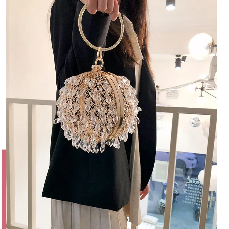 

Fashion Golden Women's Shoulder Bags Exquisite Metal Round Crossbody Bags Women High Quality teardrop acrylicLady Messenger Bag