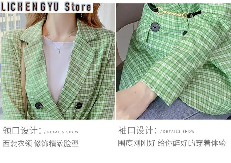 New Women Plaid Blazers Spring Fashion Green Jacket Coat Female Elegant Double Breasted Blazer with Belt Ladies Tops