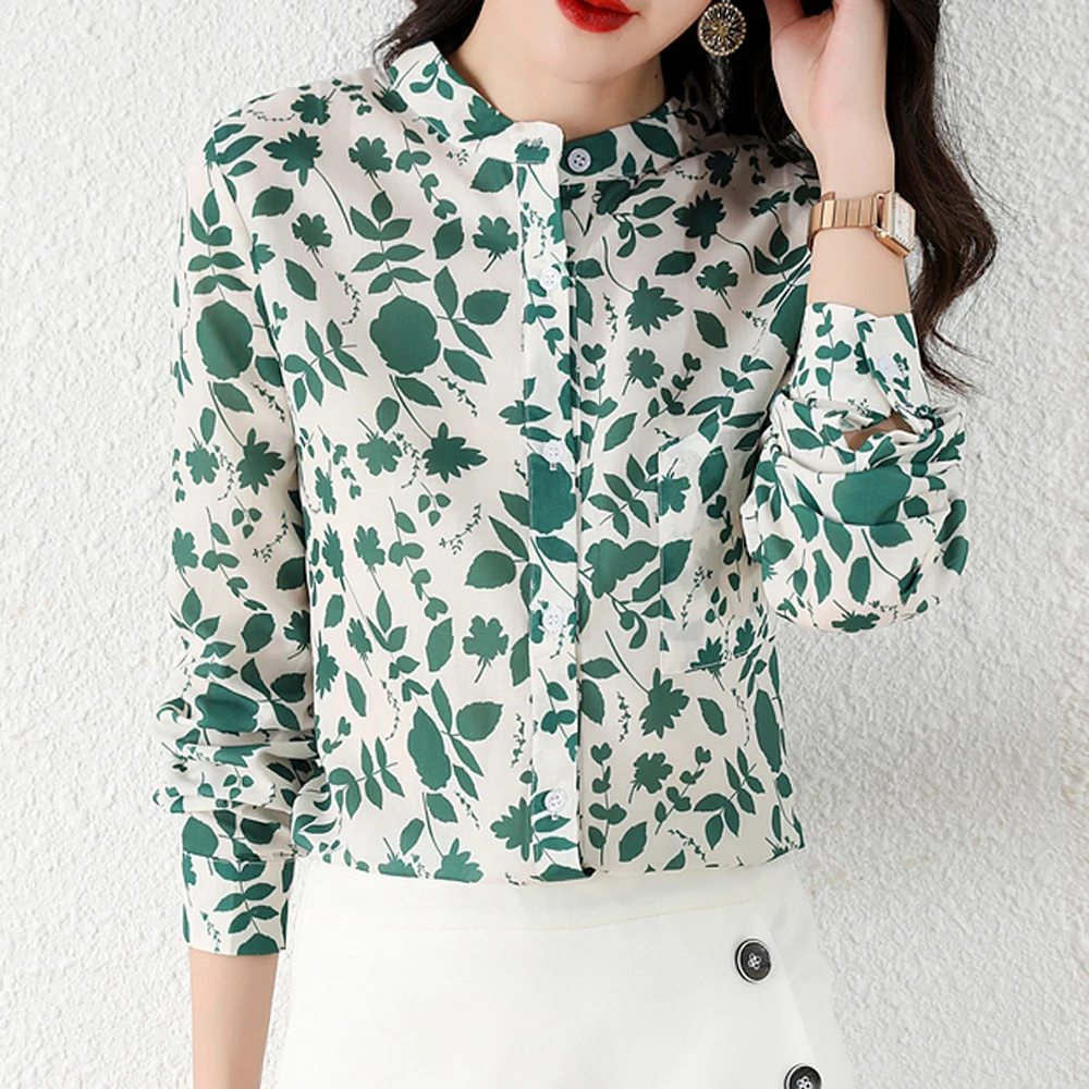 

Блузка женская шифоновая с длинным рукавом и воротником-стойкой