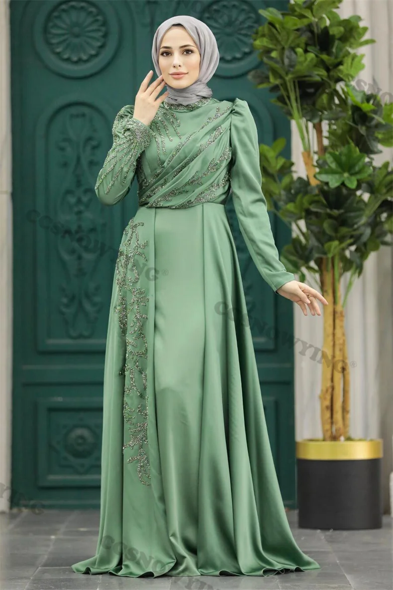 

Satin Appliques Muslim Evening Dresses Long Sleeve Islamic Formal Party Gown High Neck Hijab Saudi Arabia Robe De Soiree