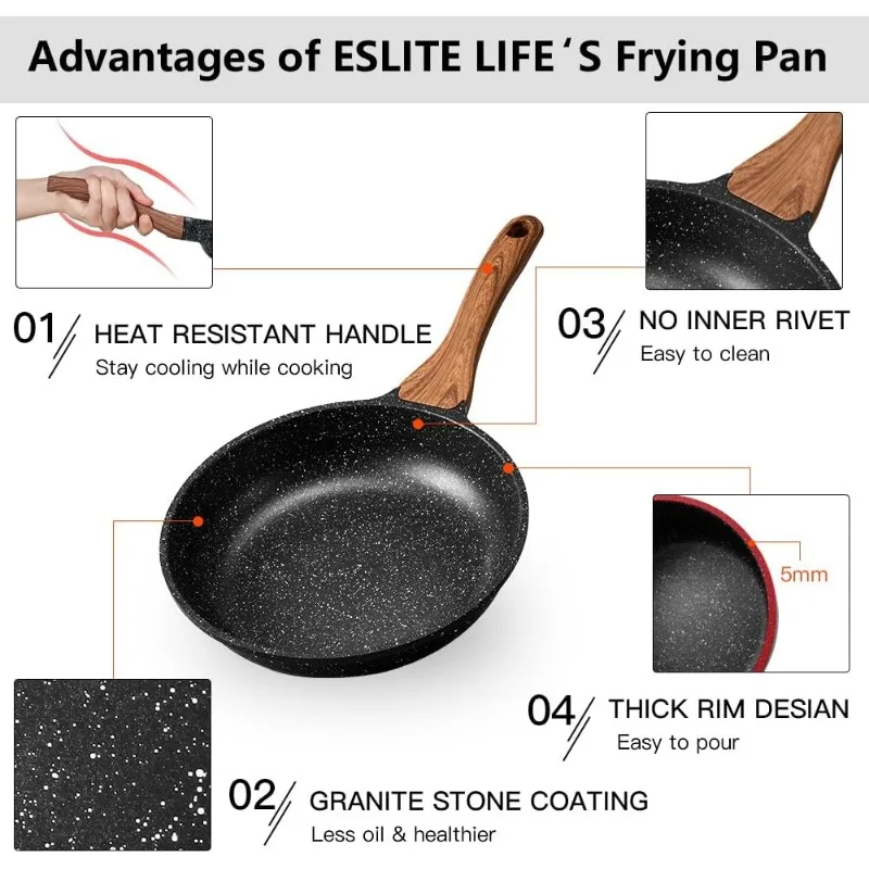 ESLITE LIFE Frying Pan Set with Lids Nonstick Skillet Set Egg