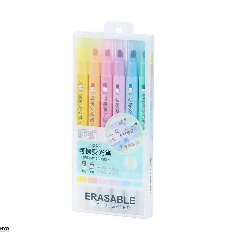 6pcs 지울 수있는 형광펜 파스텔 마커 아트 드로잉을위한 듀얼 팁 형광펜 낙서 마킹 학교 사무실 문구