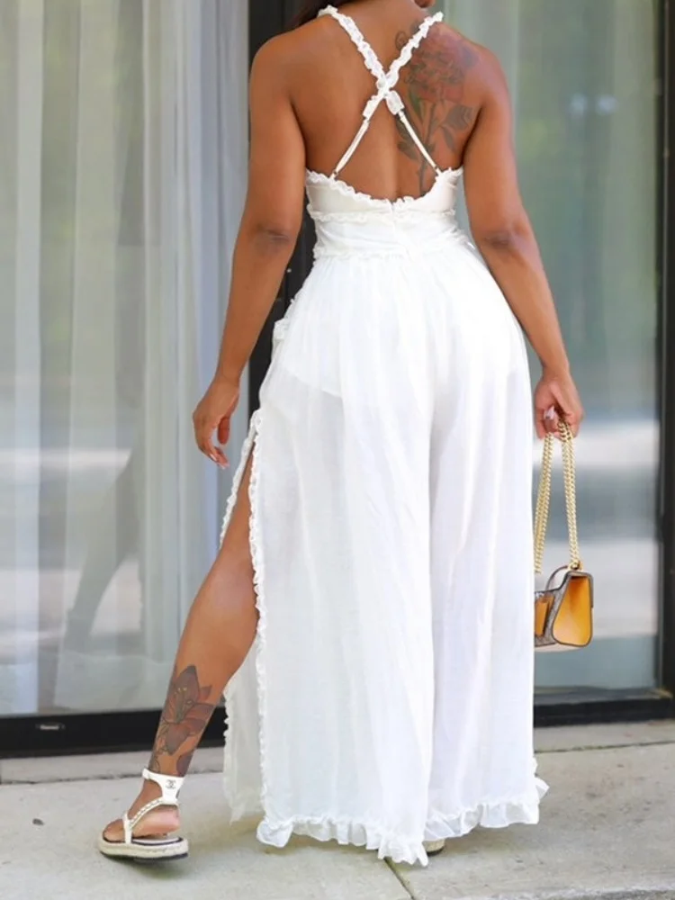 Wmtar 2025 New Women Fashionable Elegant Jumpsuits Sexy Morel Edge Strapless Jumpsuit Sleeveless Solid Color Wide Leg Pant