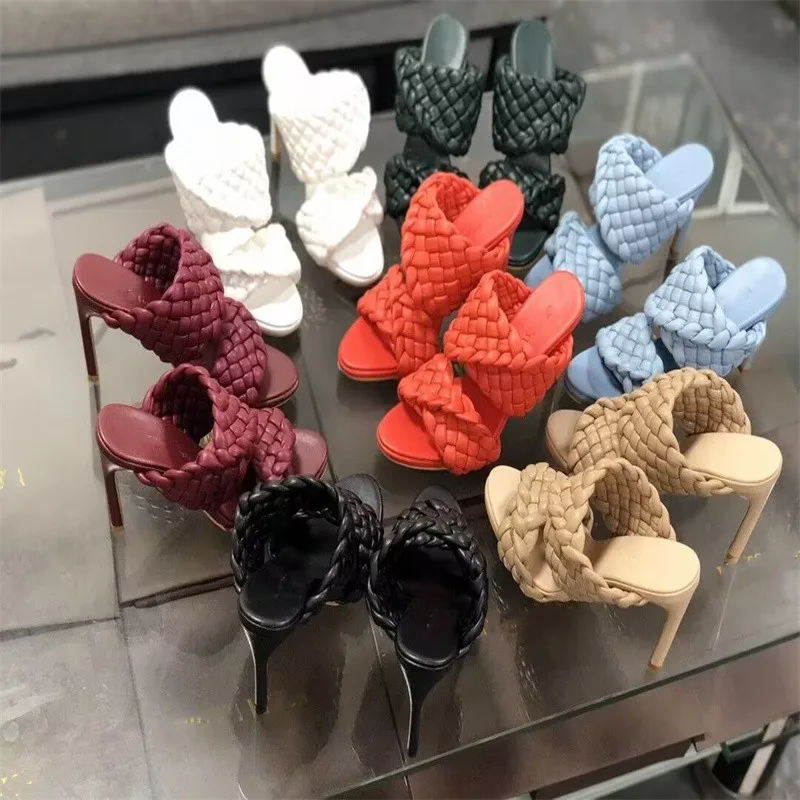 

European American Runway Shows High Heels Genuine Leather Woven Sandals Oversized Fashion Personalized Color Women's Slippers