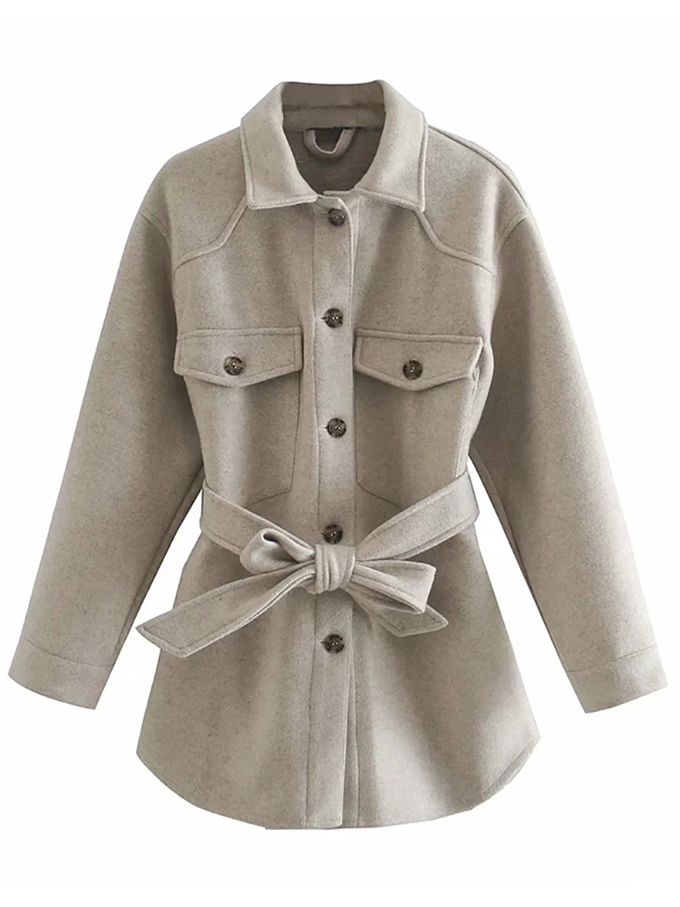 

Women Chic Wool Coats With Belt 2023 Solid Long Sleeve Pockets Shirt Jackets Outerwear Turn Down Collar Elegant Coat