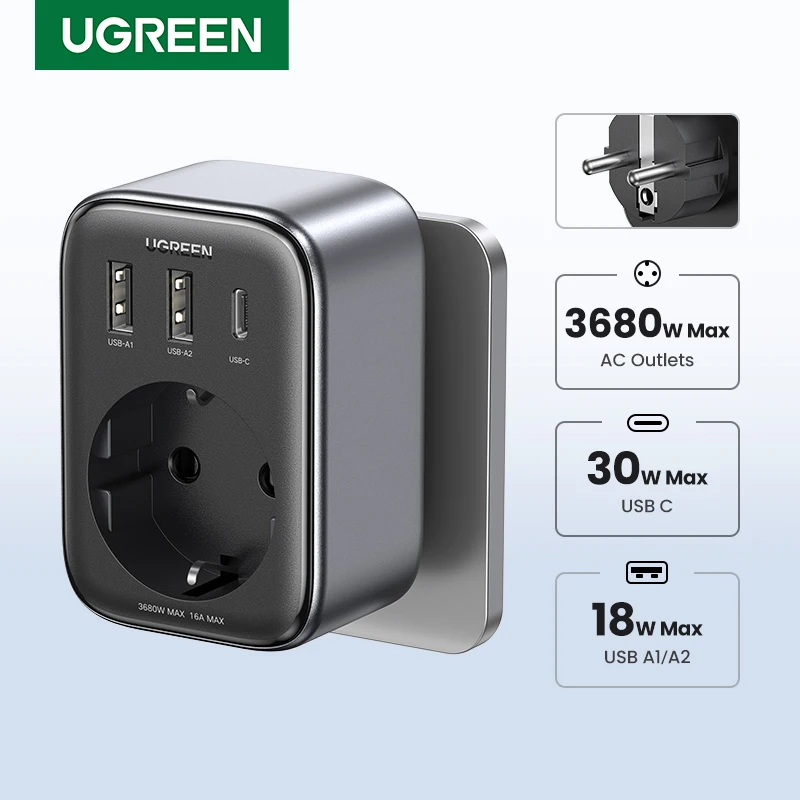 UGREEN 30W GaN PD Charger USB C AC Outlets Mobile Phone Charger for iPhone 15 14 Xiaomi USB Wall Socket Power Strip Charger