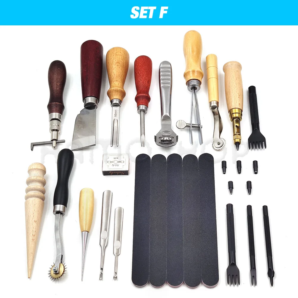 24mm wrench Leathercraft Tool Set Kits Pine Wood Leathercraft Hand Stitching Clamp Leather Punching Carving Saddle Groover Tools Storage DIY interior trim removal tool Tool Sets