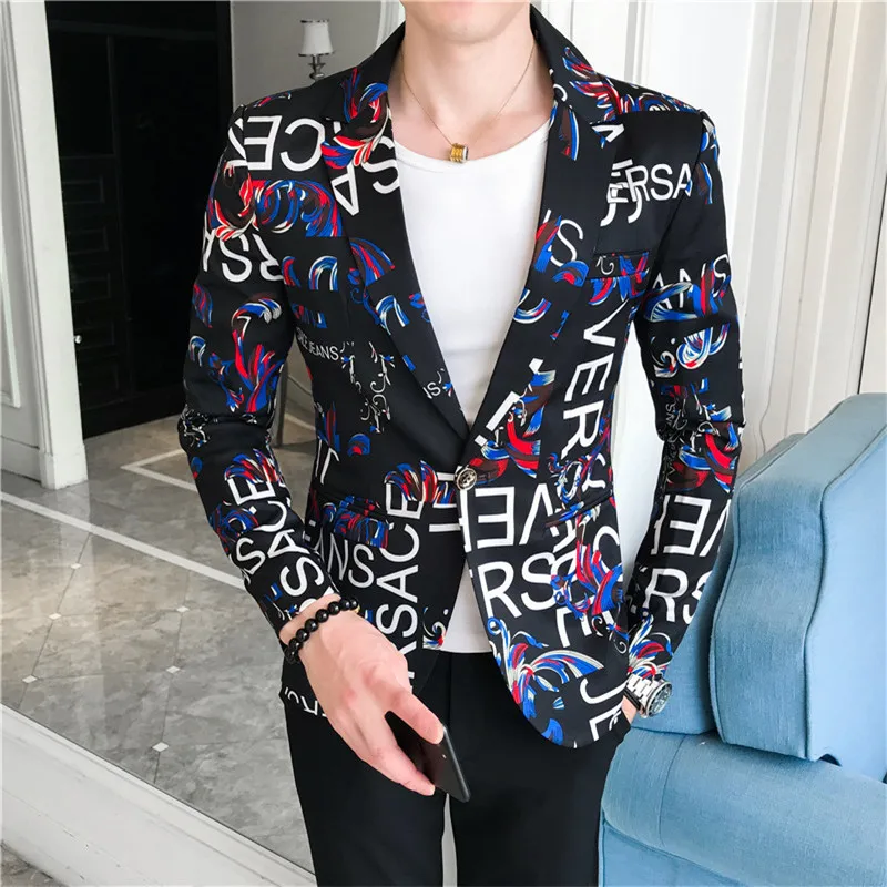 Spring and Autumn Men Suit New Product Fashion Trendy Men's Letter Printed Small Suit Floral Men's Casual Clothing