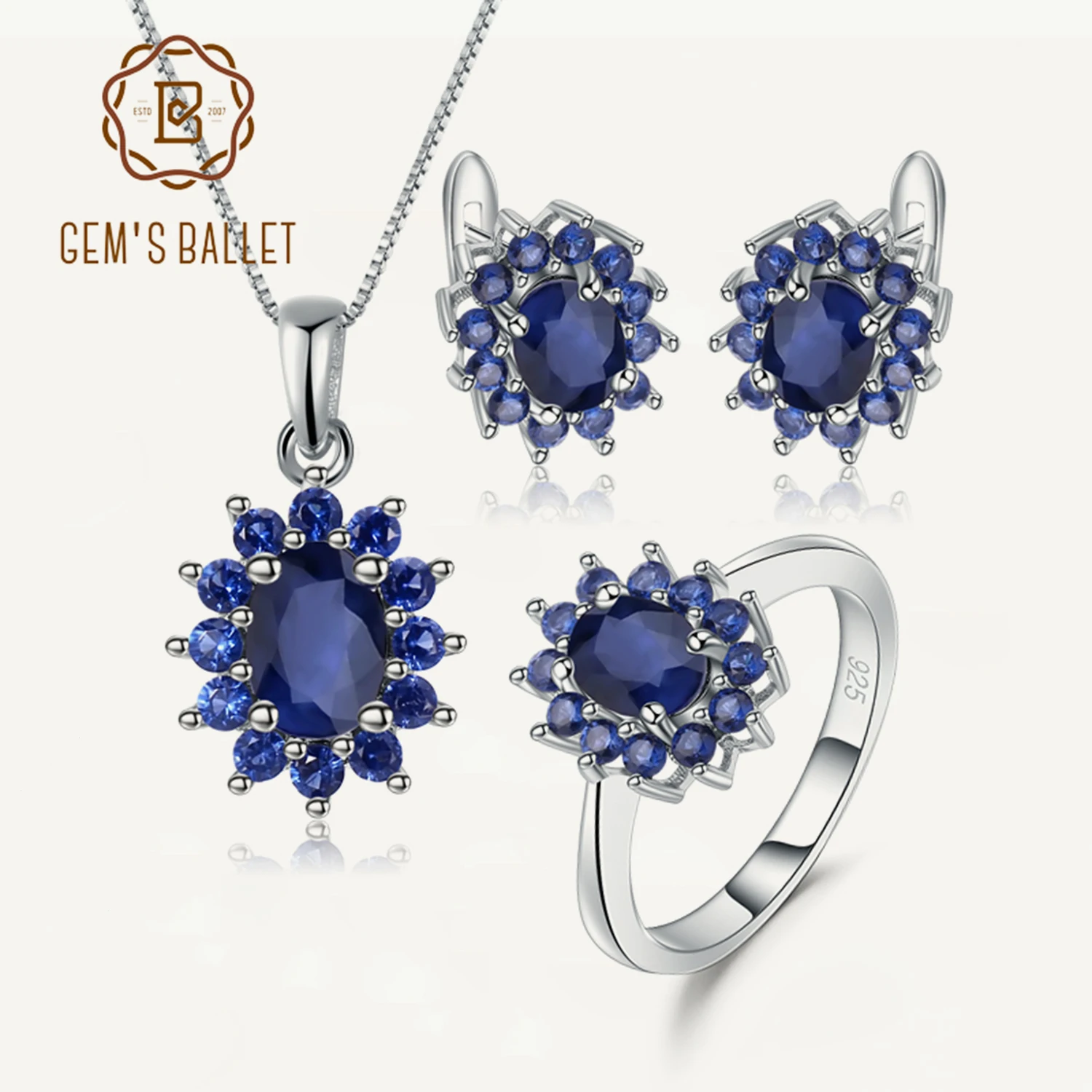 GEM'S BALLET Princess Diana Natural Blue Sapphire Pendant Earrings Ring Set 925 Sterling Silver Design Jewelry Set for Women