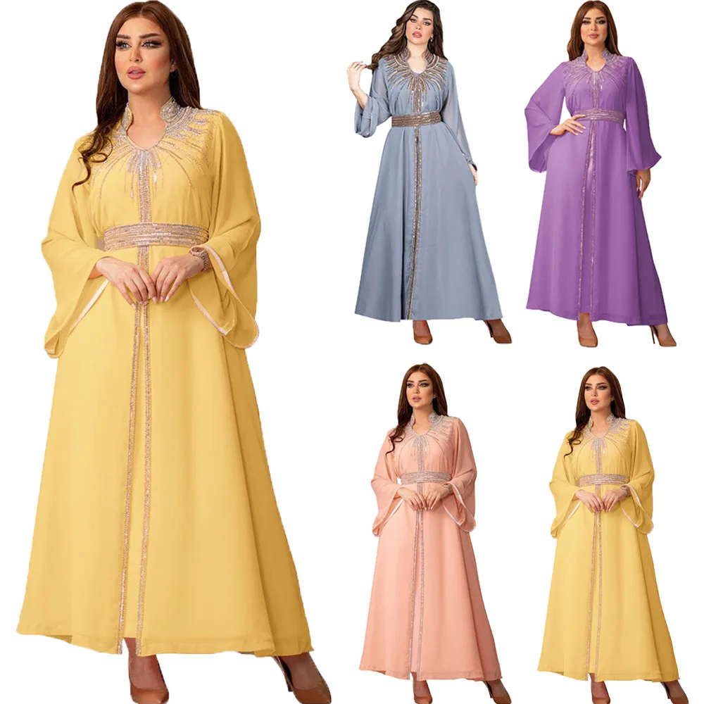 

India Turkey Muslim Abaya Dresses Women Elegant Diamond Wedding Evening Party Dress Lace Belted Robe Abaya Morocco Caftan Robe