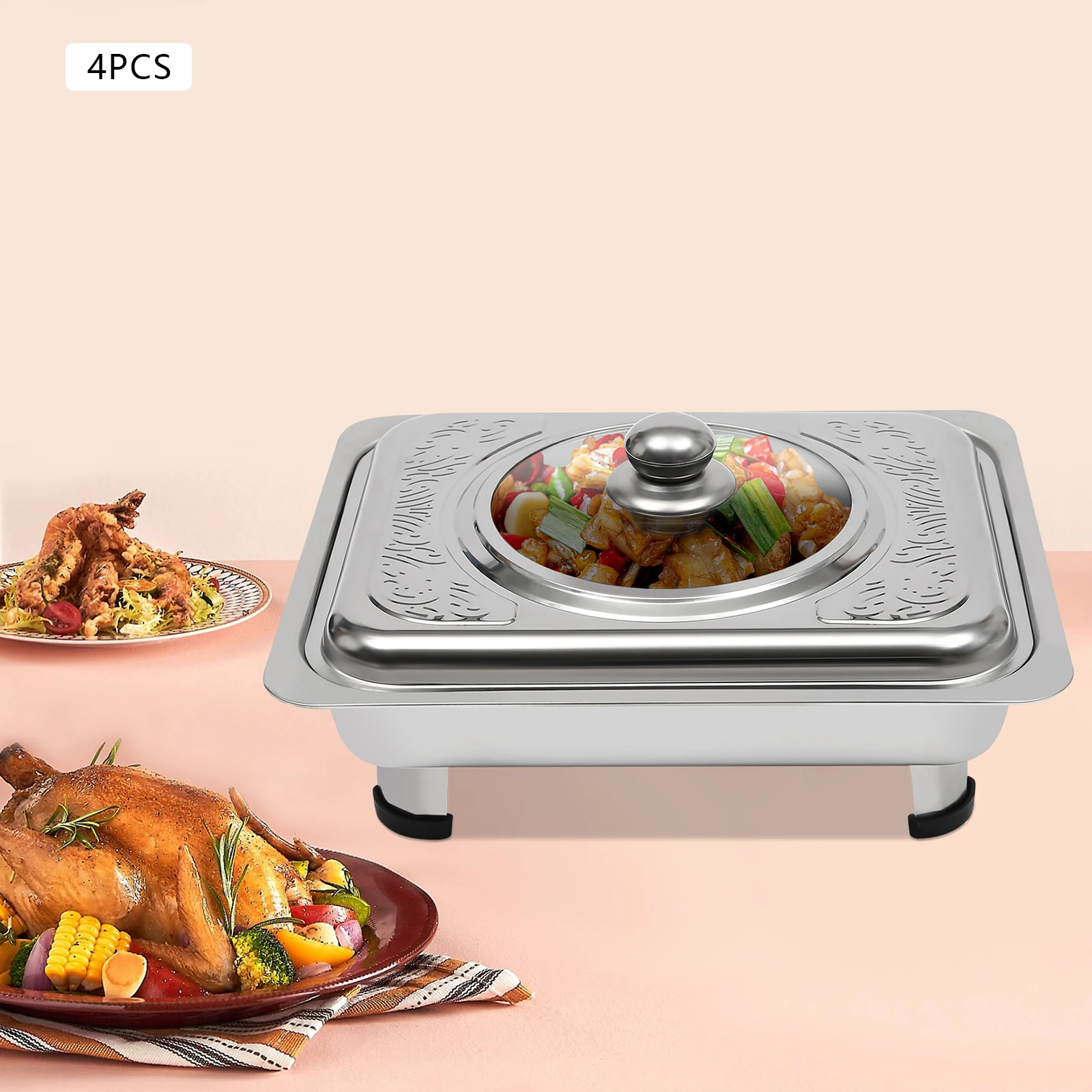 4 Stück Chafing Dish mit Deckel, rechteckige Warmhaltebehälter für Buffets – Detail 14
