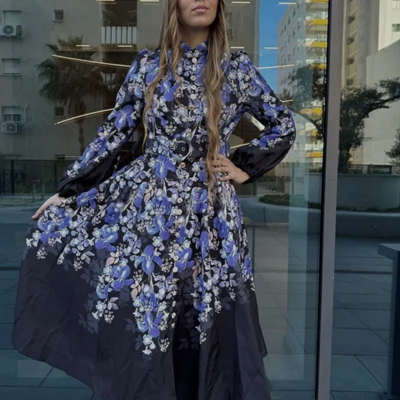 

Women's Dress Purple Stamp Linen Long Dresses Casual Vacation Evening Party Dresses Female Clothing Summer Clothes Women 2024