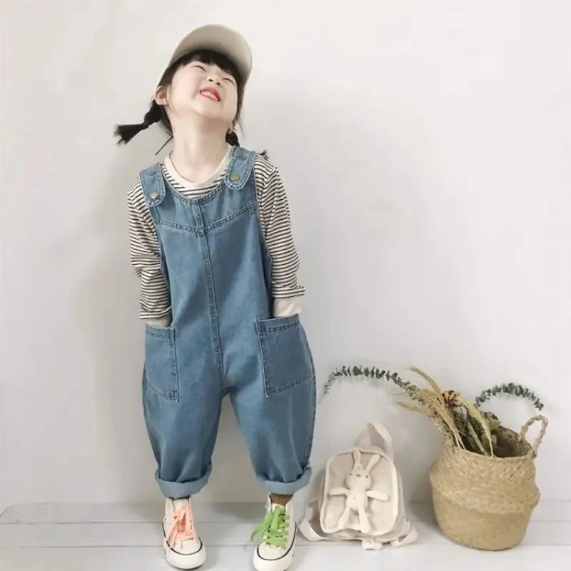 Spring Autumn Baby Girl Casual Denim Overalls Middle Small Children's New High Waist Denim Overalls Girls Fashion Loose Jeans