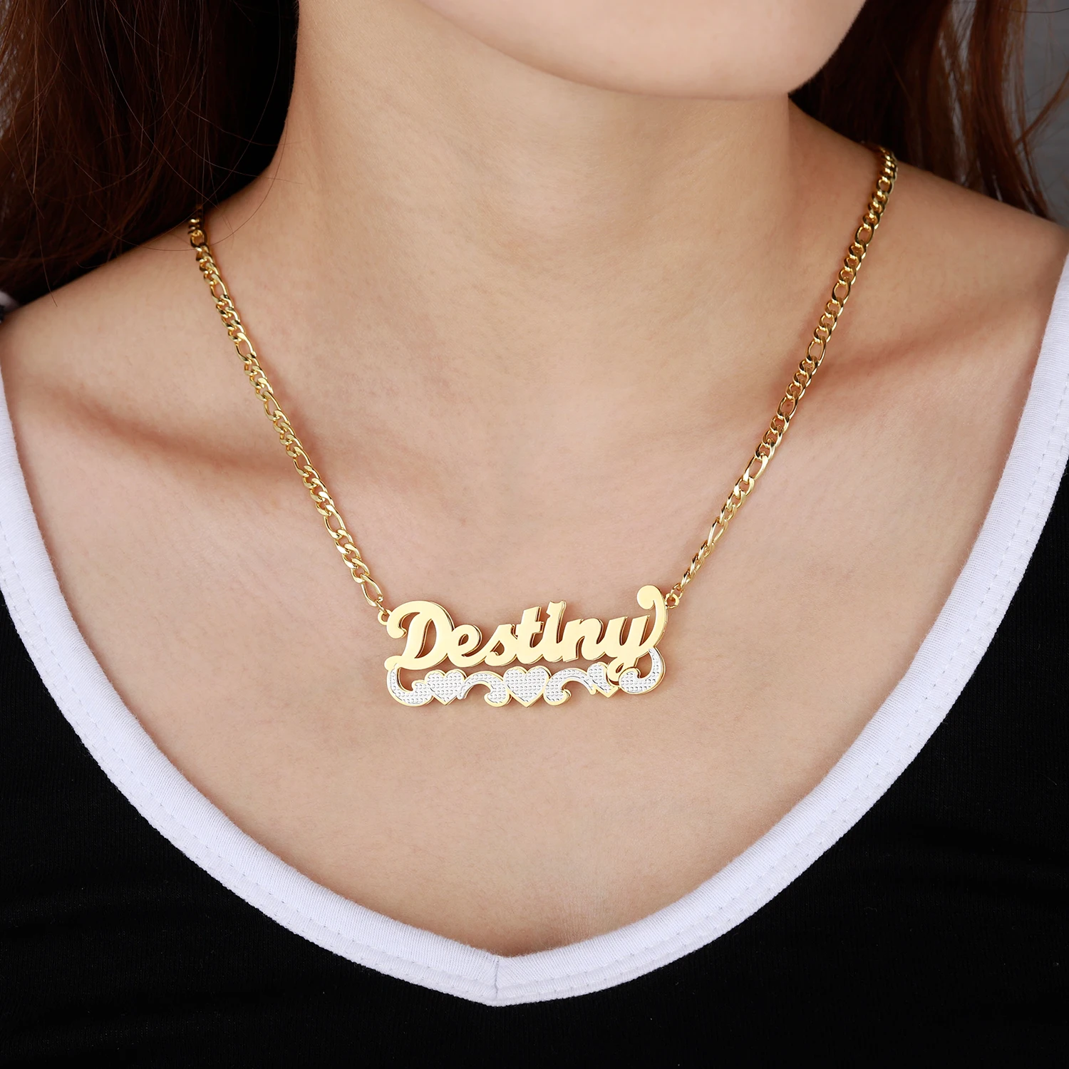 Custom Necklace Name Double Layered Two Tone Personalized 14K Gold Stainless Steel Pendant Nameplate For Women Bridesmaid Gifts