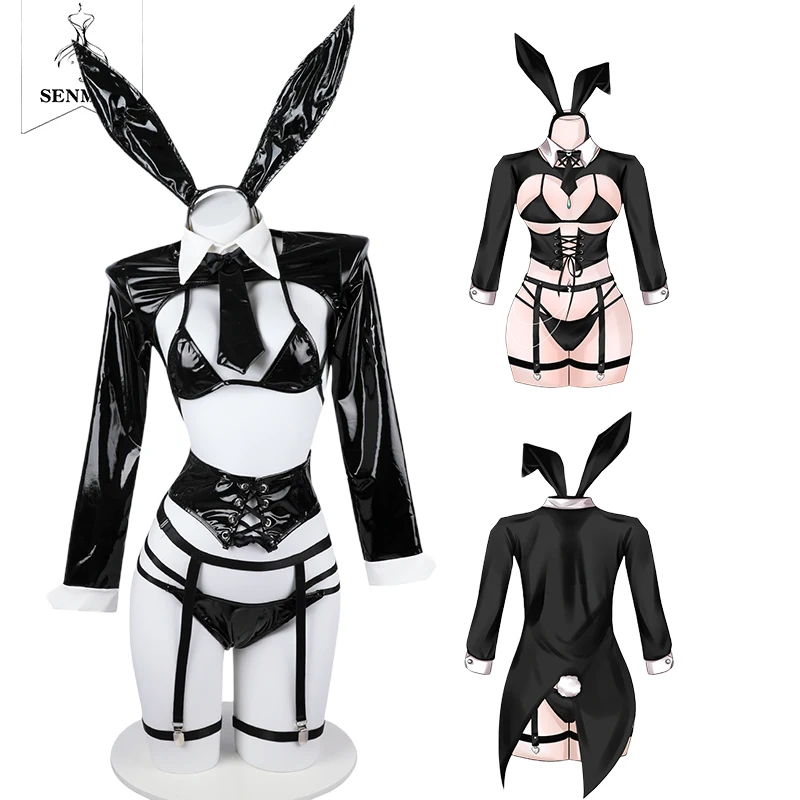 SENMHS Women Anime Bunny Cosplay Costumes Original Design Gothic Garter Belts Hollow Out Black Patent Leather Erotic Lingerie