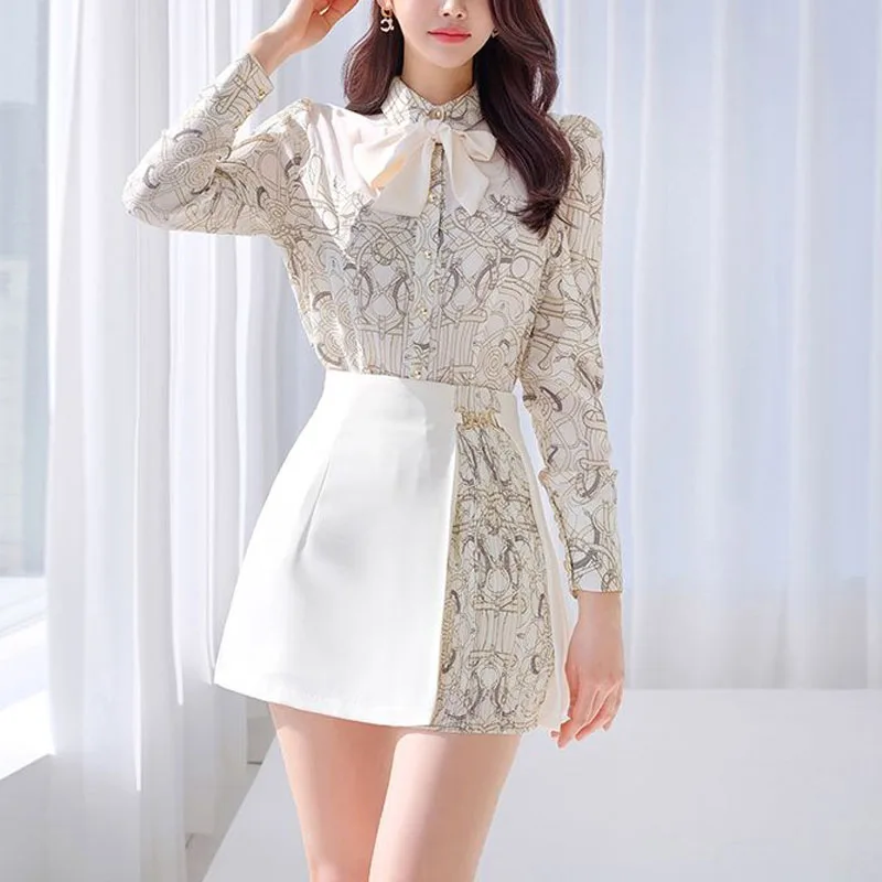 Spring New Women's Korean Version Lapel Patchwork Printed Long Sleeved Shirt Autumn High Waisted Temperament Two-piece Set