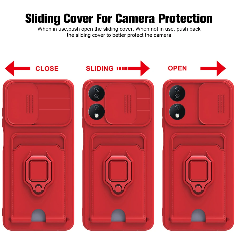 Phone case Phone protector cover Camera protector case Camera lens protector case Camera lens case Card holder bag case Slide Camera Protect TPU Case For Honor X7b 4G Magnet Holder Ring Card Bag Shockproof Coque