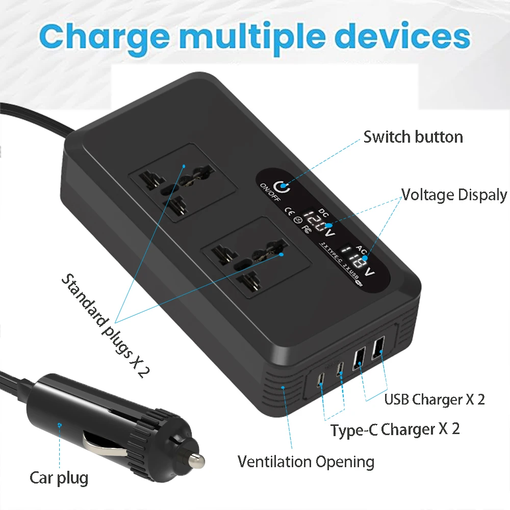 200W 차량용 인버터 DC 12V to AC 220V 230V 변압기 변환 Type-C USB 고속 충전 EU 소켓 차량용 인버터 전원 어댑터