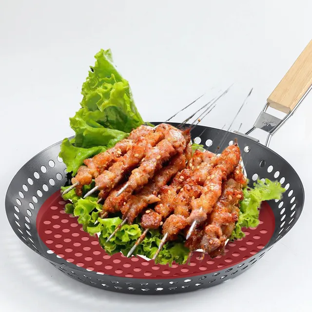 Nem Pálcás Fém Grillező Serpenyő Összecsukható Fa Fogantyúval Grill Serpenyőben Lyukakkal Eltávolítható Fogantyú A Kültéri Grillhez - Image 6