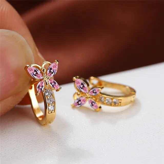 Cute Femal Crystal Stone Butterfly Hoop Earrings Vintage Gold Color Bridal Rainbow Zircon Small Wedding Jewelry For Women 4