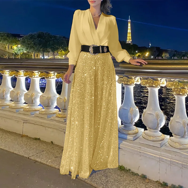 Fashion Slimming Sequin Wide Leg Jumpsuit Autumn Fashion Splic Shirt Big Hem Luxurious Party Jumpsuits Loose Rompers No Belt