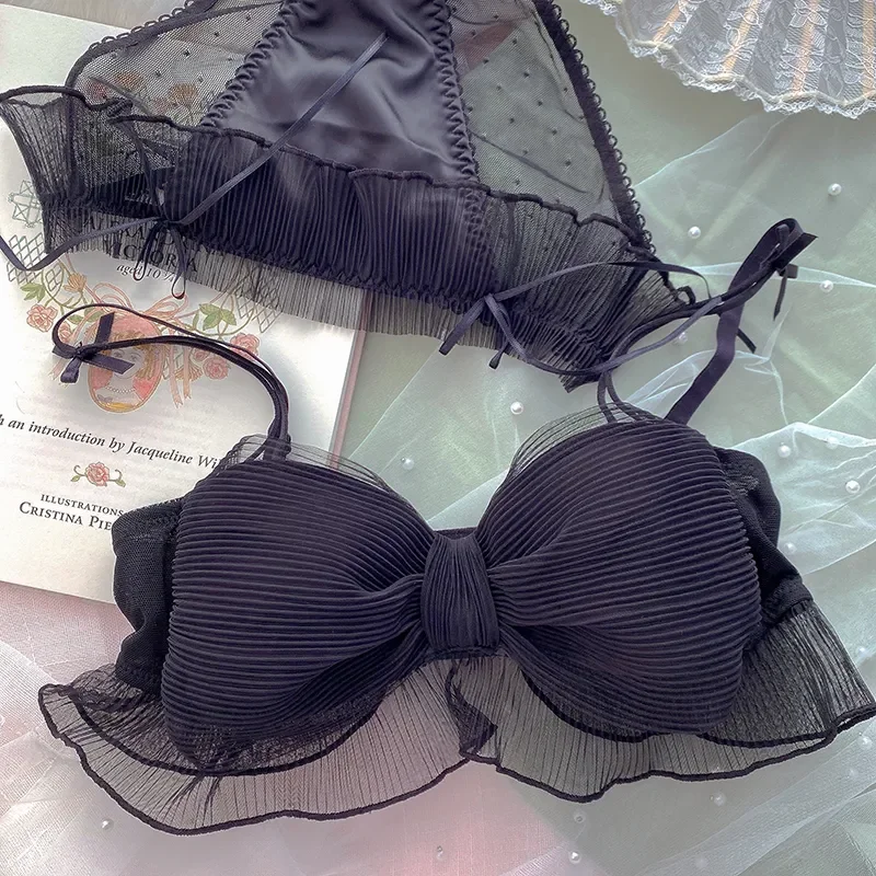 New Japanese Bras Lolita Girls Folds Bow Lovely Underwear Set Mesh Sweet Rimless Bra Comfortable Sweet Cute Bralette Sets