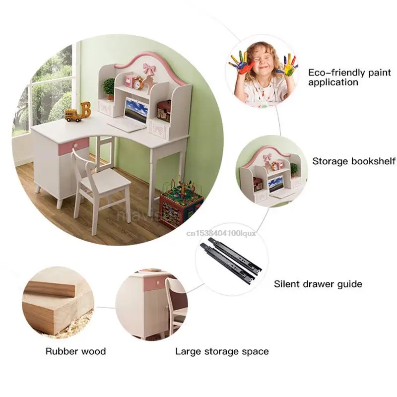 Solid Wood Children's Desk And Bookcase Combination Pink Simple Student Corner Computer Desk Multifunctional Home Furniture