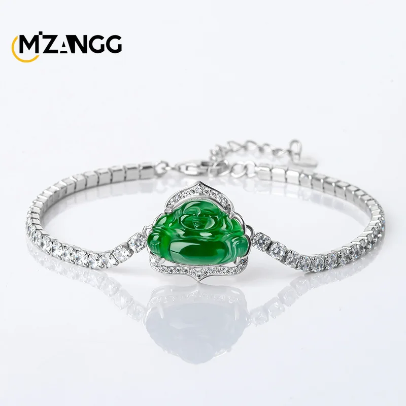 

S925 Silver Inlaid Natural Myanmar Jadeite Buddha Bracelet Ice Yang Green Jade Hand String Women's Fashion High-grade Jewelry