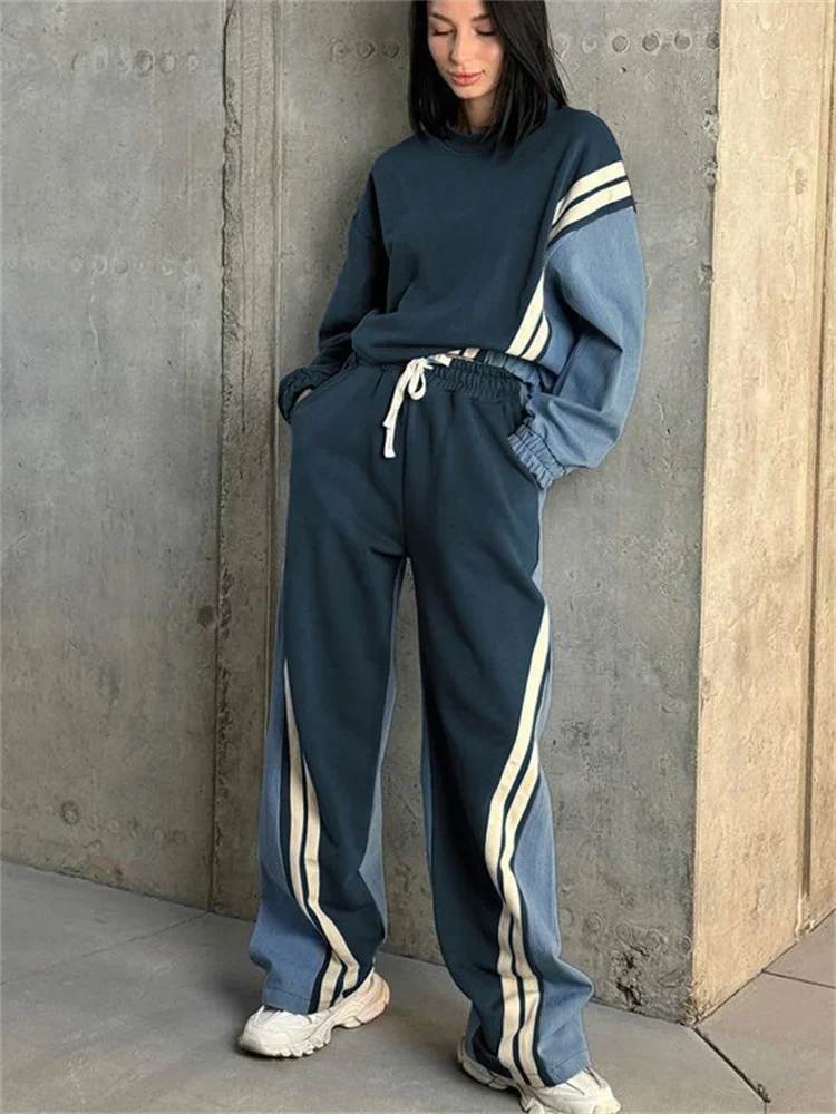 Ladies 2 Piece-Set Drawstring Trousers Contrast Lace-Up Autumn Pullover And High Waist Women Pants Outfits Tracksuit