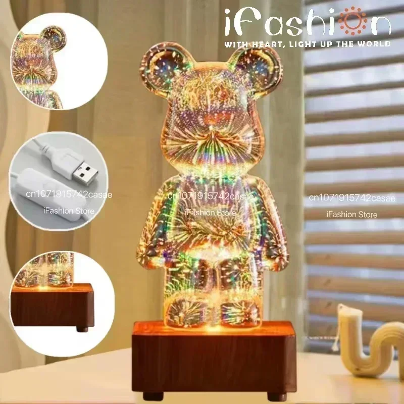 LED 3D bear firework night light USB projector lamp color changeable ambient lamp suitable for children room bedroom decoration night light led night light led atmosphere lights led night lamp