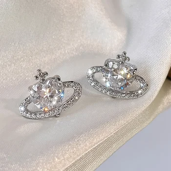 European and American Fashion Corss Zircon Love Planet Stud Earrings for Women Girls Valentine's Day Gift Wedding Jewelry mujer