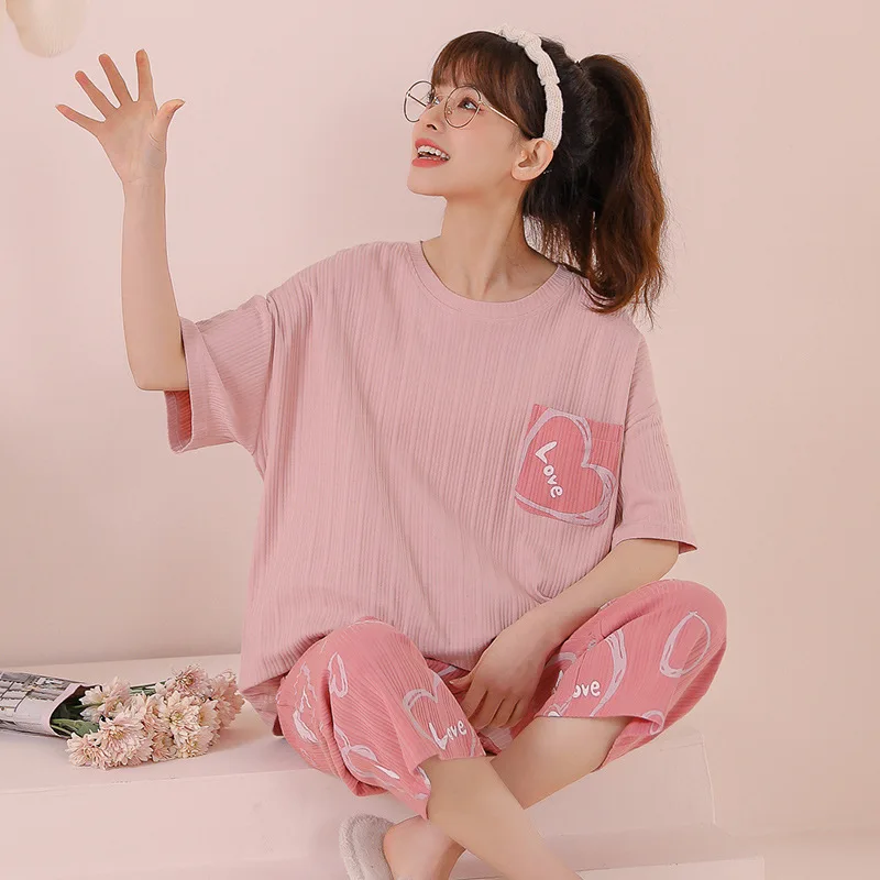 New Arrivals Cotton Short Sleeve Summer Short Sleeved Women Pajamas Set Pyjamas Women Sleepwear Cute Crew Neck Suit homewear