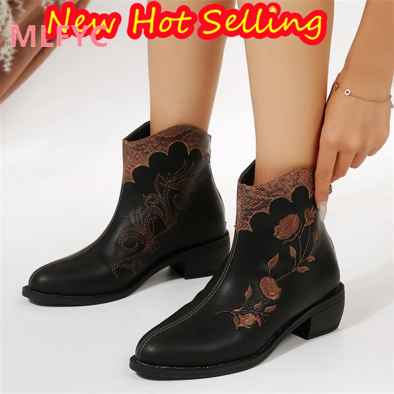 2023 Winter New European and American Back Zipper Women's Boots Fashion Embroidery Flower Large Heel Short Boot
