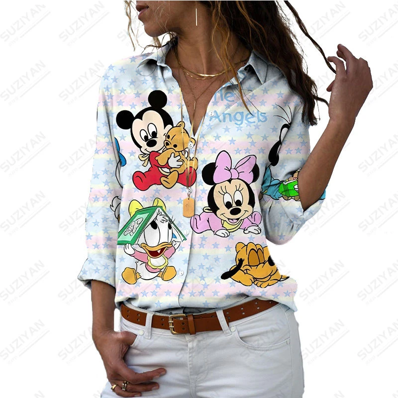 

3D Printing Loose Harajuku Women's Button Long Sleeve V-Neck Shirt Disney Cartoon Donald Duck Girls' Shirt Top Plus Size 2023