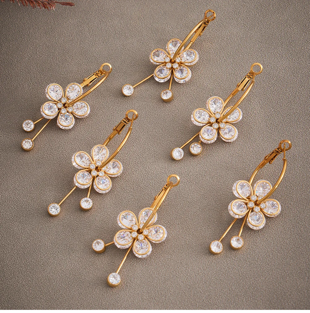 Gold Farbe Silber Luxus Zirkon Tropfen Ohrringe frauen Edelstahl Vergoldet Blume Ohrringe Femme Charming Schmuck Geschenk – Detail 10