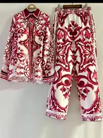 Chemise à manches longues imprimée de luxe pour femme, costume deux pièces ample, pantalon droit élastique, décontracté, printemps et été 2024 1