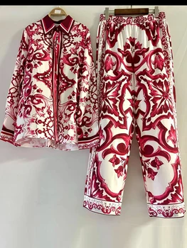 Luxury printed loose long-sleeved shirt 2024 spring and summer women's two-piece suit+elastic waist straight pants casual suit 1