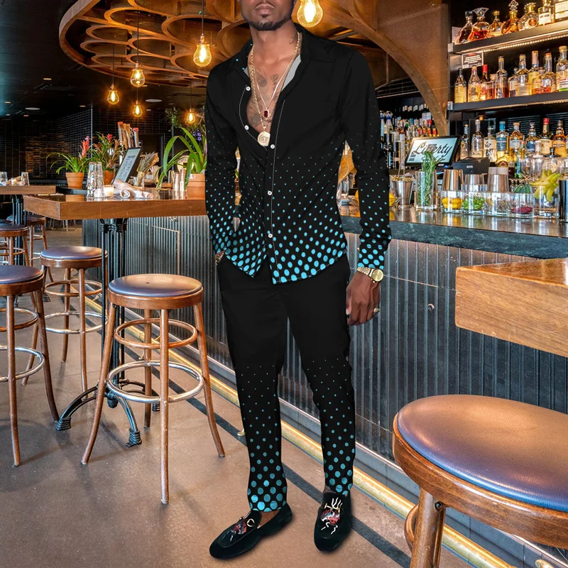Spring and Autumn Gentlemen's Shirts and Pants Checkered Fashion Brand 3D Men's Suit Jackets with Open Front Pants Set European