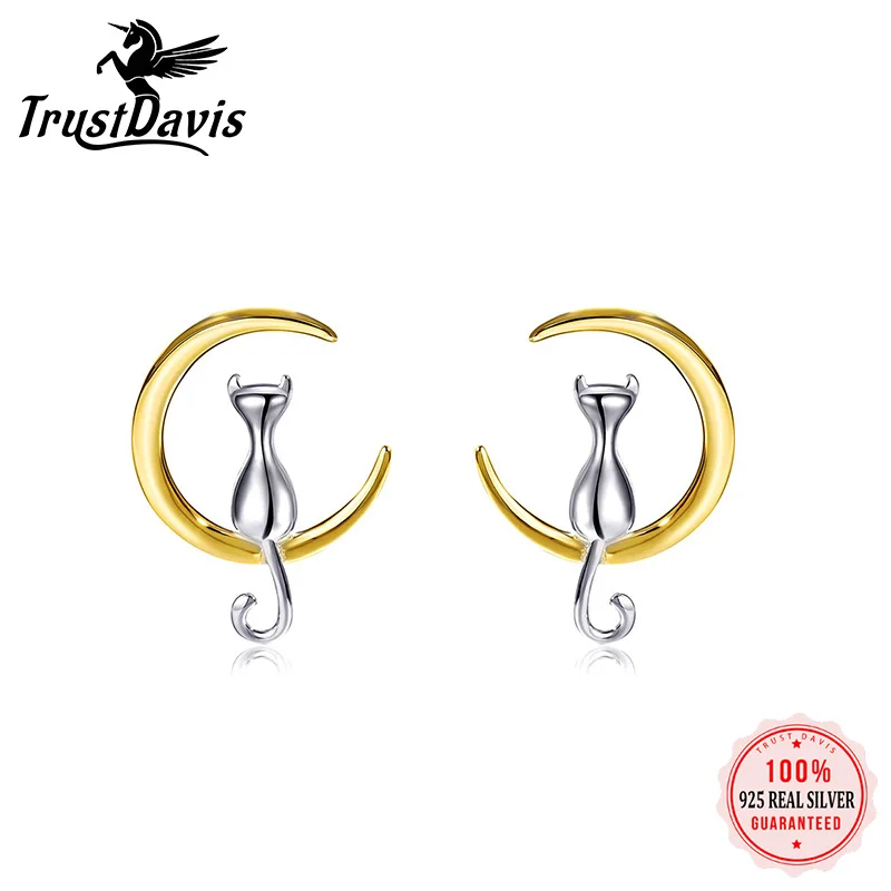 925 Solid Real Sterling Silver Cat Stud Earring for Women Girl Kid Fashion Jewelry DS1709