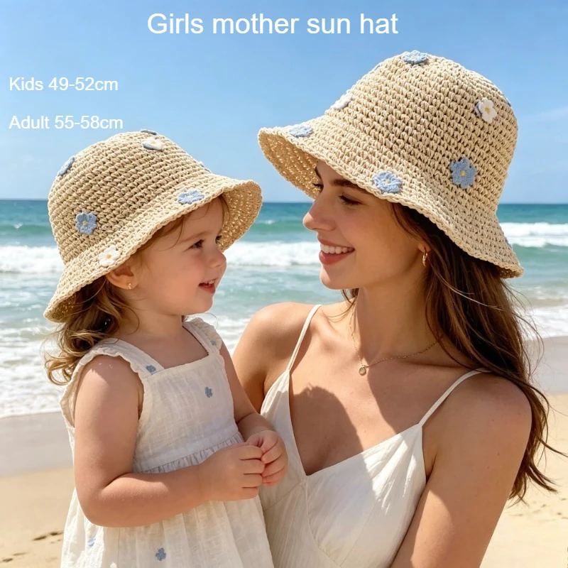 Kids Mommy Sun Hat Flower Bucket Hat for Girls Summer Beach Cap Outdoor Play Sun Protection Toddler Baby Straw Hat Woman Cap