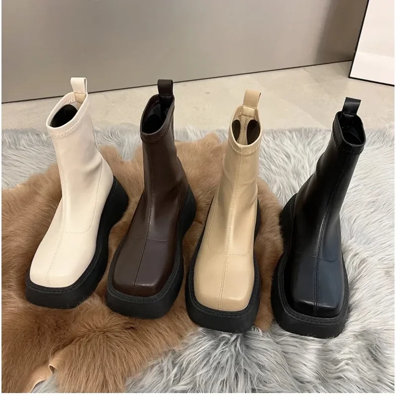 2023 Winter Chunky Boots For Women Square Toe Shoes Ladies Fashion Slip On Platform Thick Sole Short Boots Ladies Ankle Booties